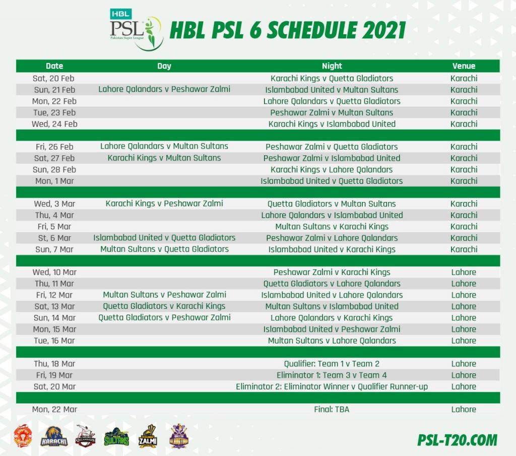 PSL Season 6 Schedule T20
